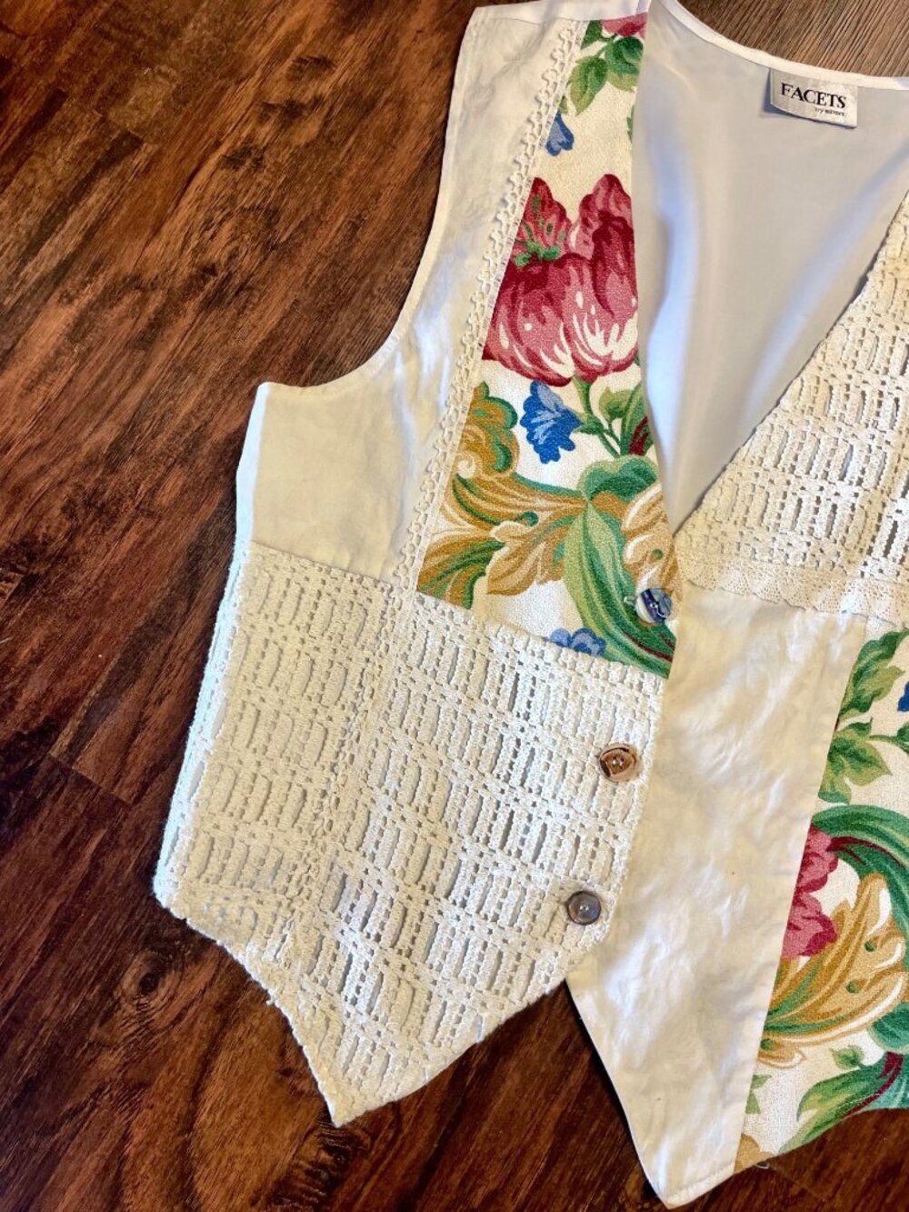 Vintage 1990s Facets Patchwork Crochet + Floral Tapestry Vest Womens Size 1X - Picture 3 of 13